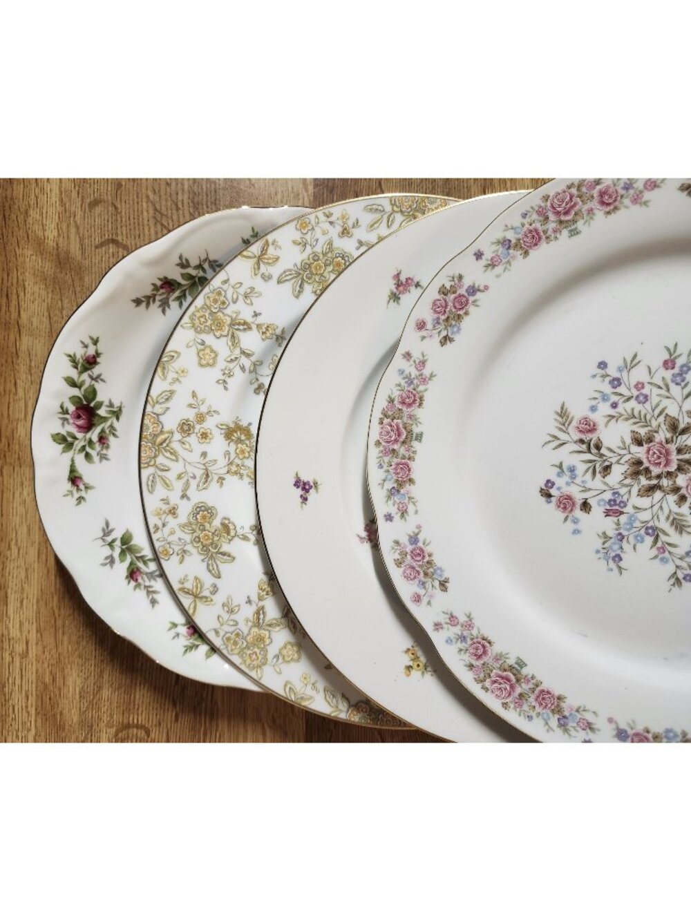 Mismatched China Dinner Plates Floral Set of 4 Gold Rims Porcelain